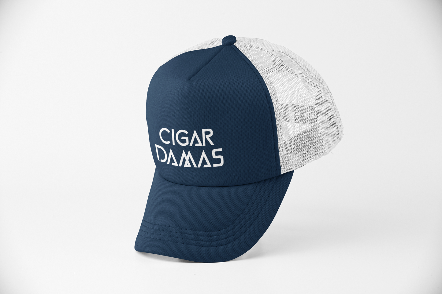 Cigar Damas Flat Bill Snapback Trucker Cap (New Navy/White)