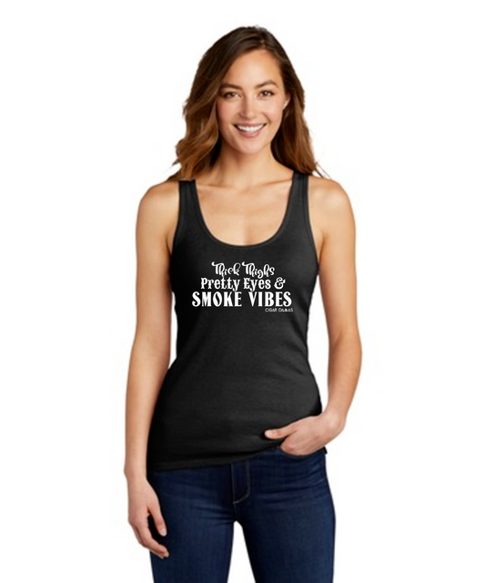 THICK THIGHS-PRETTY EYES &- SMOKE VIBES WOMENS RIB TANK (BLACK)