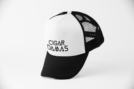 Cigar Damas Flat Bill Snapback Trucker Cap (White/Black)
